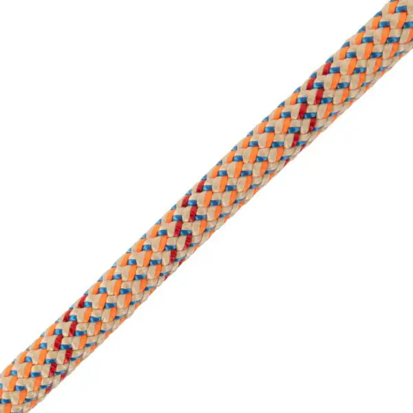 A close-up of an Ape Canyon Outfitters 9mm Canyon Elite Tether, featuring interwoven strands of orange, white, blue, and red. The tether is displayed diagonally across a plain white background.
