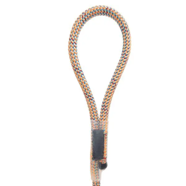 A section of an Ape Canyon Outfitters 9mm Canyon Elite Tether folded into a loop with a black sleeve covering the joint where the two ends meet. The tether's colors include orange, blue, and grey. The background is solid white.