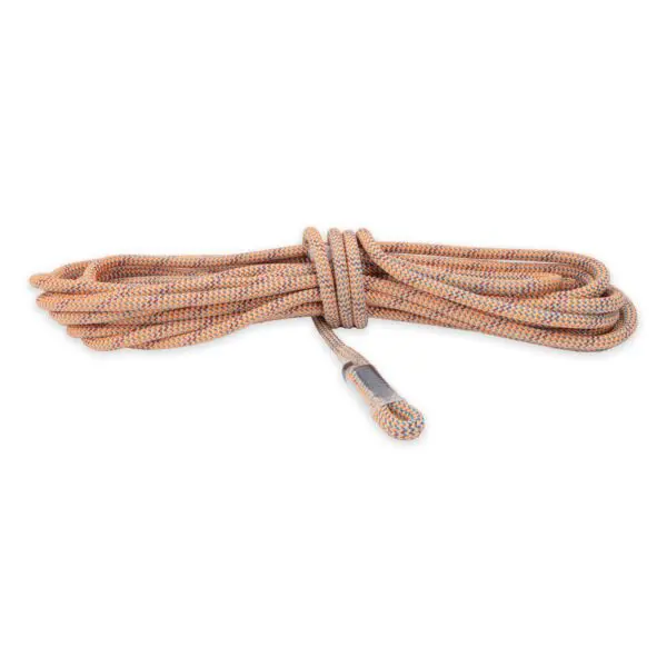 A coiled length of patterned, multicolored 9mm Canyon Elite Rope 40' w/Squatch Splice is neatly arranged against a plain white background. The rope features a blend of orange and white hues with a protective sleeve at one end.