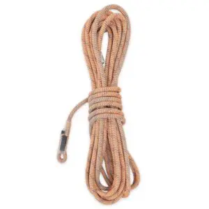 A coiled length of orange and gray 9mm Canyon Elite Rope 40' w/Squatch Splice with a plastic-covered loop at one end, placed against a white background.