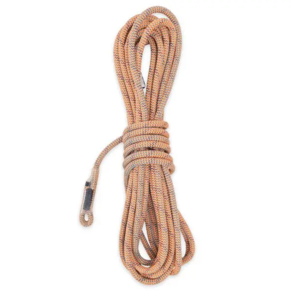 A coiled length of orange and gray 9mm Canyon Elite Rope 40' w/Squatch Splice with a plastic-covered loop at one end, placed against a white background.