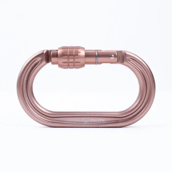 A metallic red carabiner with a screw lock mechanism. The branding "Omega Pacific Raider Tactical Oval Screw-Lok Sand Tan" is engraved on the lower bar of the carabiner. The background is plain white.