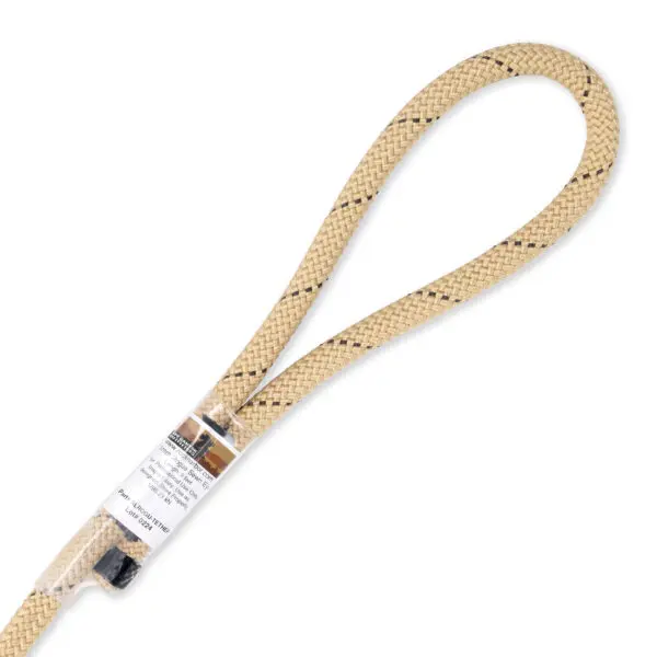 An Ape Canyon Outfitters Rogue Tether Kit with a braided texture and an eye splice loop at one end. The kit features small dark diagonal accents. The opposite end has a plastic-wrapped label with text and a barcode. The setup appears clean and orderly.