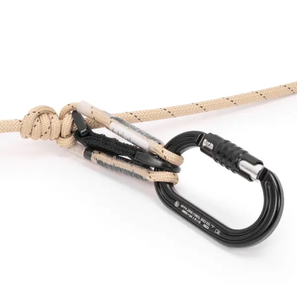 An Ape Canyon Outfitters Rogue Tether Kit is tied in a secure knot around a black and gray carabiner. The rope has black stitching details, and the carabiner features a locking mechanism. The setup indicates it's for climbing or other safety-related use.