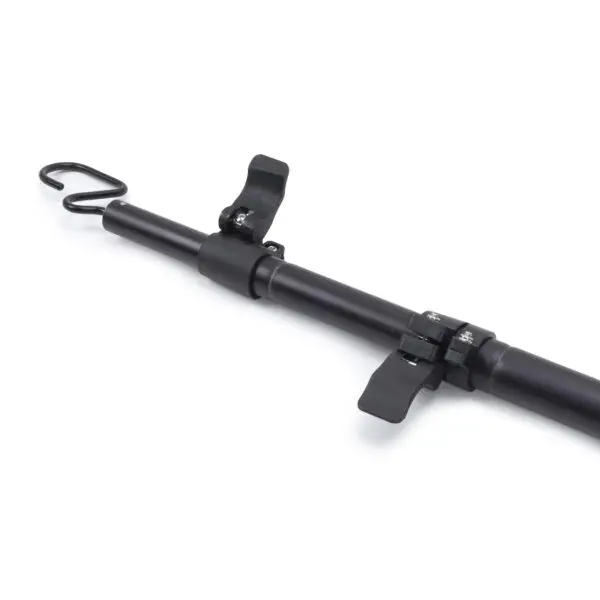 Close-up of a JRB Maverick Pole with two clamp mechanisms and a hook at one end. The pole appears to be a mount or stand, possibly for a camera or other equipment. The clamps are used for adjusting the height and securing attachments.