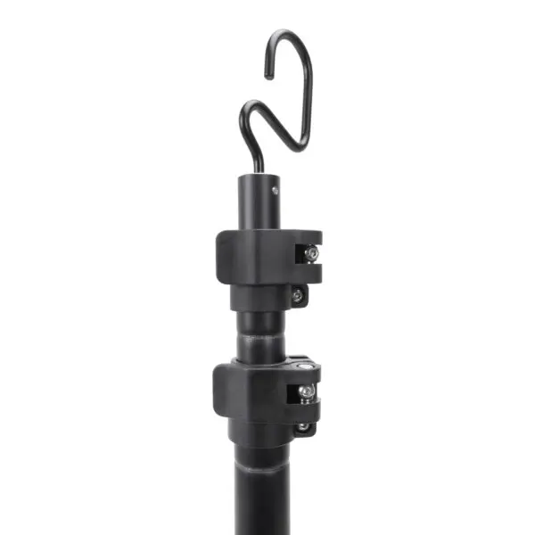 Close-up of a black adjustable JRB Maverick Pole with a hook on top. The pole features a double-hook design and two adjustable clamps for height adjustment. The clamps are secured with screws, and the pole appears sturdy and functional for hanging items.