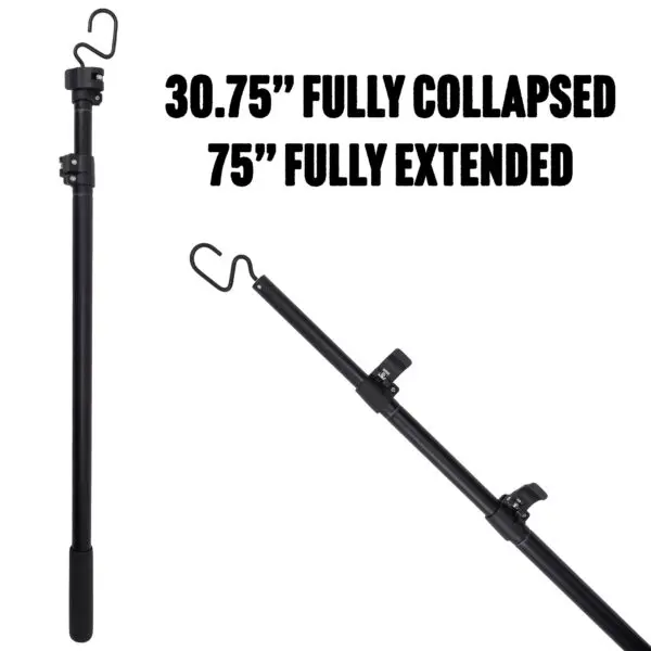 An extendable black JRB Maverick Pole with a hook at the top and a padded handle at the bottom. Text on the image reads "30.75" FULLY COLLAPSED" and "75" FULLY EXTENDED," indicating the pole's adjustable length. The JRB Maverick Pole is shown both fully extended and collapsed.