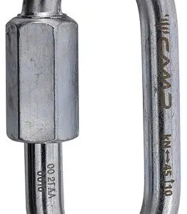 A **CAMP Oval Quick Link** with a screw-lock mechanism. The quick link is silver with inscriptions on it, including the brand "CAMP" and other identification codes such as "Ref. 0935" and "KN-45kN.