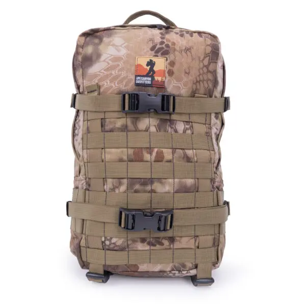 An Ape Canyon Outfitters Conclave Pack Highlander with multiple straps and buckles. It has a top handle and a logo featuring a silhouette of a man with "FLY CAMO" text. The design includes MOLLE webbing for attaching additional gear.