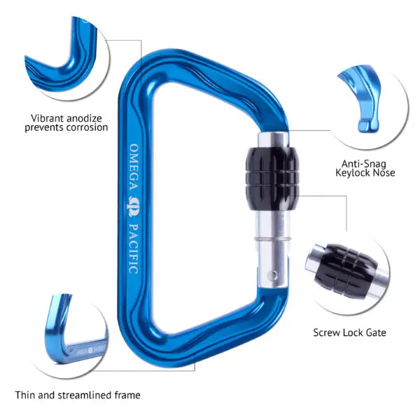 Image of a blue Custom Omega Pacific Standard D Aluminum Keylock Screw-Lok NFPA (5 Pack) carabiner with labeled features. "Vibrant anodize prevents corrosion" points to the color. "Anti-Snag Keylock Nose" shows the design preventing snags. "Screw Lock Gate" highlights the secure locking mechanism. "Thin and streamlined frame" describes its shape.