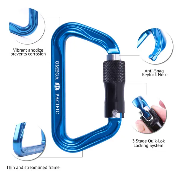 An image shows a blue carabiner with a black locking mechanism, labeled "Custom Omega Pacific Standard D Aluminum Keylock Screw-Lok NFPA (5 Pack)." Surrounding callout circles highlight features: vibrant anodization preventing corrosion, anti-snag keylock nose, thin and streamlined frame, and 3-stage quick-locking system.