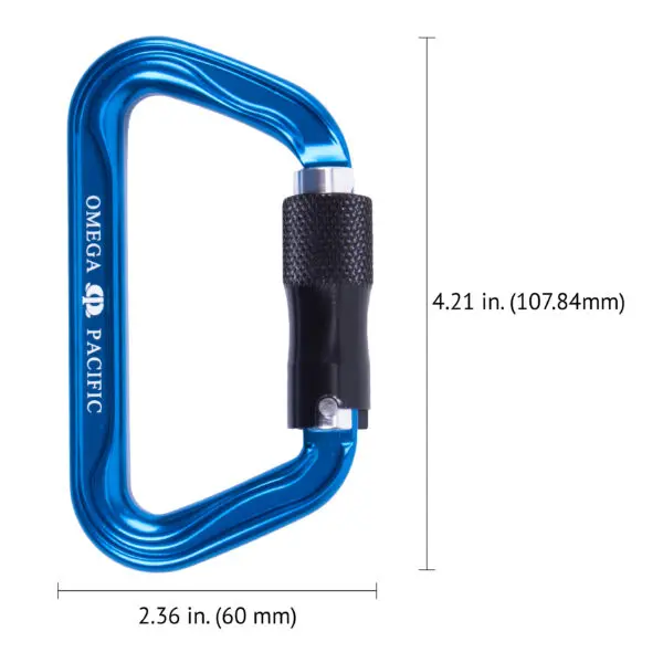 A Custom Omega Pacific Standard D Aluminum Keylock Screw-Lok NFPA (5 Pack) with a black locking mechanism is shown. Dimensions are provided: 4.21 inches (107.84 mm) in height and 2.36 inches (60 mm) in width.