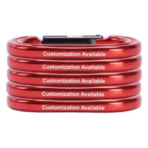 A stack of Custom Omega Pacific Raider Aluminum Keylock Straight Gate (5 Pack) with the text "Customization Available" printed on each. The carabiners are arranged horizontally, with five in total, showcasing their metallic finish.