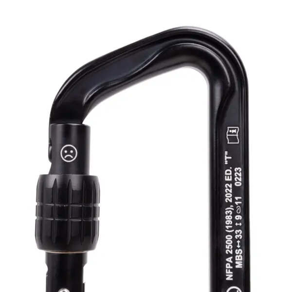 Close-up of a Custom Omega Pacific Standard D Aluminum Keylock Screw-Lok NFPA (5 Pack) with a locking mechanism, featuring standardized text and symbols for safety and compliance. The carabiner is partially open, showcasing its D-shaped design and rugged build, suitable for climbing or industrial use.