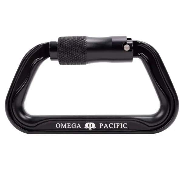 A black Custom Omega Pacific Standard D Aluminum Keylock Screw-Lok NFPA (5 Pack) carabiner with a twist-lock mechanism. The carabiner is in a D-shape and has the brand name "Omega Pacific" printed in white along with the logo on the longer straight edge.