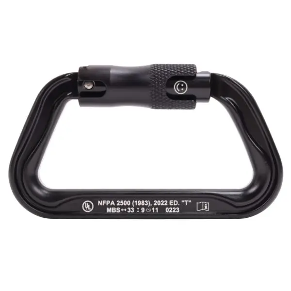 A Custom Omega Pacific Standard D Aluminum Keylock Screw-Lok NFPA (5 Pack) with knurled locking mechanism. Text on the carabiner reads "NFPA 2500 (1983), 2022 ED. 'T'" and other specifications, including a "UL" certification mark. The carabiner has an asymmetrical D-shape design.