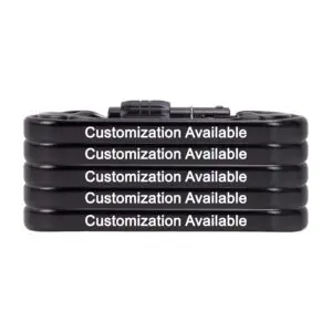 A black *Custom Omega Pacific Standard D Aluminum Keylock Screw-Lok NFPA (5 Pack)* is shown in its collapsed form. The lock's segments are stacked neatly, one on top of the other. Each segment displays the phrase "Customization Available" in bold white text.