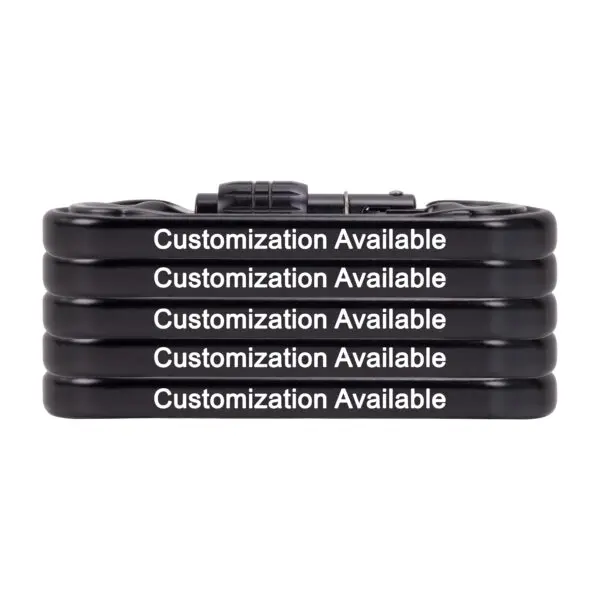 A black *Custom Omega Pacific Standard D Aluminum Keylock Screw-Lok NFPA (5 Pack)* is shown in its collapsed form. The lock's segments are stacked neatly, one on top of the other. Each segment displays the phrase "Customization Available" in bold white text.