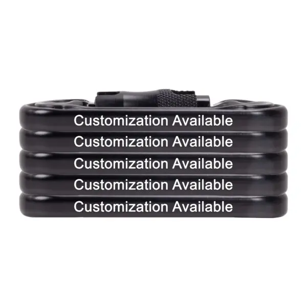 A coiled black bike lock is shown. Each coil is labeled with the text "Custom Omega Pacific Standard D Aluminum Keylock Screw-Lok NFPA (5 Pack) (Copy)" in white letters. The lock features a tightening mechanism at the top, and the repeated text suggests the potential for personalized labeling or branding.