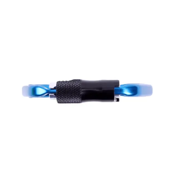 A small blue Custom Omega Pacific Standard D Aluminum Keylock Screw-Lok NFPA (5 Pack) with a black locking mechanism. The carabiner is oriented horizontally against a white background, showcasing its sleek and compact design.