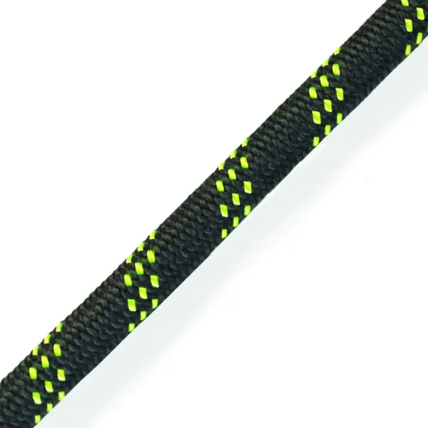 A close-up of the Marlow 11mm Protec 500 braided rope with interwoven fluorescent green strands, depicted on a clean, white background. The pattern alternates between solid black segments and small diamond-shaped green accents, creating a visually striking contrast.