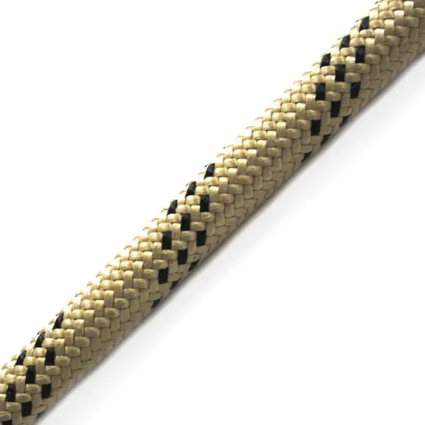 A close-up image of the Marlow 11mm Protec 500 rope, displaying its beige and black braided pattern. The rope reveals a detailed, woven texture that highlights the alternating colors and intricate construction against a white background.