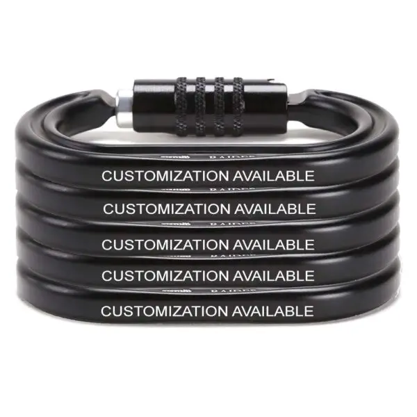 A coiled black cable bike lock with a combination mechanism. The lock is labeled with the repeated words "DIEGO - Custom Text - Test." The lock showcases a spiral design and a silver dial for code input.