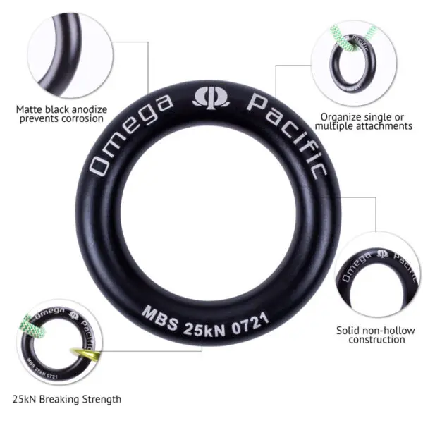 The image displays black anodized Omega Pacific Aluminum Rappel Rings, highlighting their corrosion-resistant finish, solid non-hollow construction, 25kN breaking strength, and suitability for organizing single or multiple attachments in climbing or rigging setups.