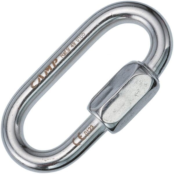 Sure, here's the revised sentence:

"A CAMP 10MM OVAL QUICK LINK STAINLESS STEEL with an oval shape and a screw-lock mechanism. The words 'CAMP' and 'CE 0123' are engraved on it. The quick link is designed for attaching gear, commonly used in climbing, caving, and industrial work.