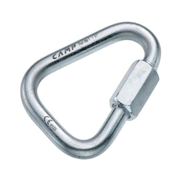A Camp Safety Delta 10 mm Screw Links with a hexagonal screw gate locking mechanism. The carabiner is labeled with "CAMP" and some technical specifications.