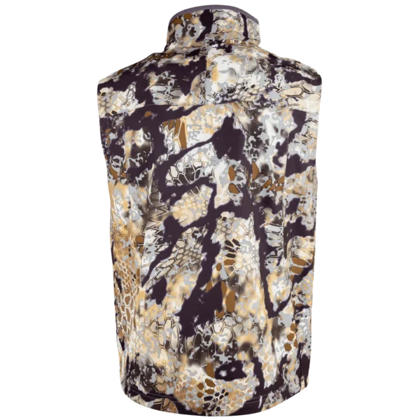 A Kryptek Dalibor Vest featuring a complex, multi-colored abstract pattern with tones of black, white, and brown. It has a high collar and a zipper down the front, though the zipper is not visible in this rear view.
