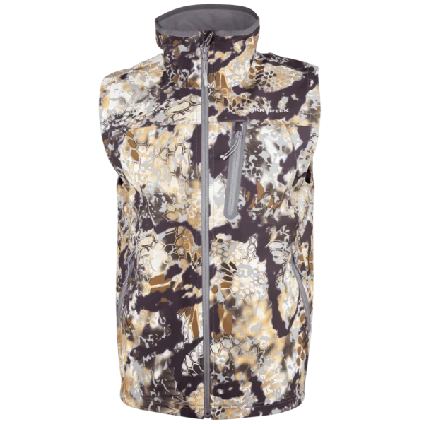 A Kryptek Dalibor Vest featuring a camouflage pattern of various shades of brown, tan, and white. The vest has a high collar and a vertical zipper front, with a small zippered chest pocket. The brand logo "FIRST LITE" is visible on the chest.