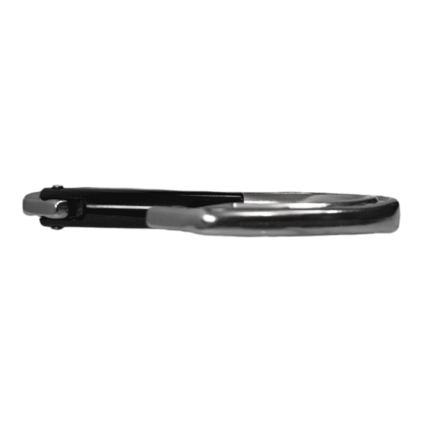 A silver and black Omega Pacific Phantom Aluminum Keylock Straightgate Gunmetal is shown lying on its side with the latch partially visible. The carabiner is closed and appears to be made of metal.