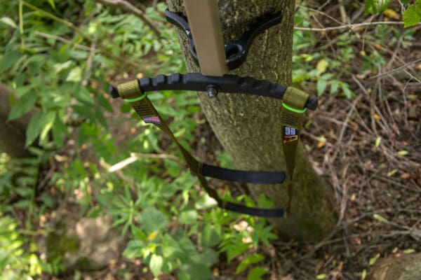 A close-up of a tree trunk with an Ape Canyon Outfitters 3 Step Aider attached. The aider features two green straps and a black plastic handle, intended to assist in scaling the tree. Surrounding the tree is dense greenery, including various plants and undergrowth.