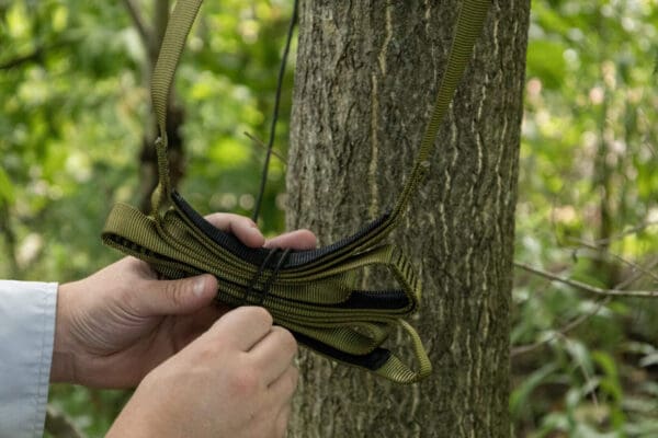 A person in a white sleeve adjusts a green Ape Canyon Outfitters 3 Step Aider wrapped around a tree in a forest setting. The aider is being attached or secured to the tree, surrounded by lush green foliage in the background.