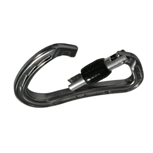 A silver Omega Pacific Phantom Aluminum Keylock Screw-Lok - Gunmetal with a black locking mechanism. The carabiner is designed for climbing and securing heavy loads and has a lightweight, ergonomic shape.