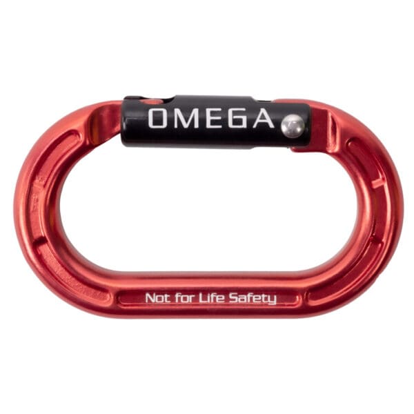 An oval-shaped, red carabiner with a black gate that has "Omega Pacific Micro Raider Aluminum Keylock Straightgate" written on it. The carabiner has "Not for Life Safety" written in white text at the bottom.