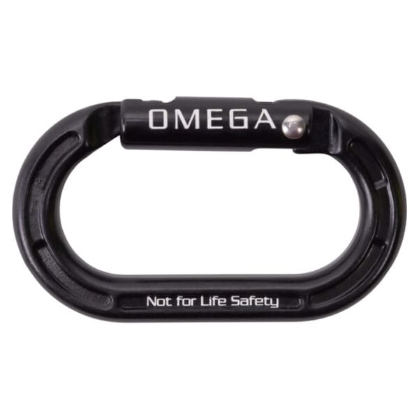 A black Omega Pacific Micro Raider Aluminum Keylock Straightgate with the word "OMEGA" and the warning phrase "Not for Life Safety" printed on it.