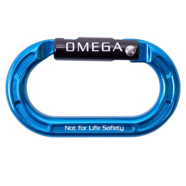 A blue oval-shaped carabiner with a black gate displaying the word "OMEGA PACIFIC MICRO RAIDER ALUMINUM KEYLOCK STRAIGHTGATE." Below the gate, the text "Not for Life Safety" is printed on the bottom part of the carabiner.