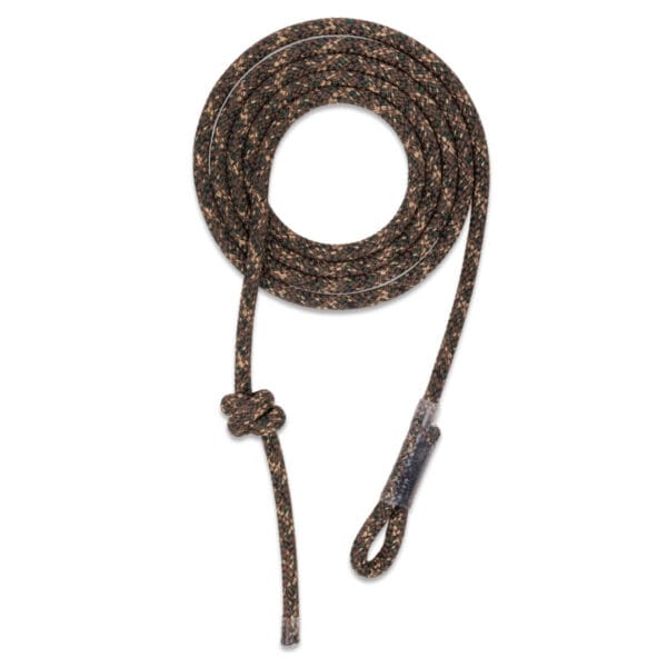 A coiled brown Ape Canyon Outfitters 9.5mm Lineman Belt with a multi-colored pattern, featuring a secure knot at one end and a loop with a protective sleeve at the other end. The belt is neatly arranged against a white background.