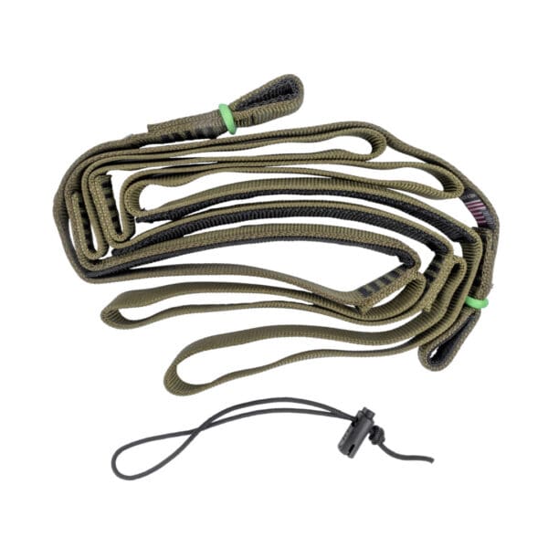 A coiled olive green Ape Canyon Outfitters 3 Step Aider with multiple loops, secured by green bands. Below the aider lies a smaller black cord with an adjustable toggle. The aider appears designed for outdoor or utility use.