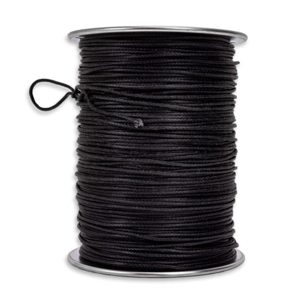 A large spool of Ape Canyon Outfitters 2.2mm Arachnid neatly wound around a metallic core. A small loop of string protrudes from the side, indicating the start of the strand. The spool is placed against a plain white background.