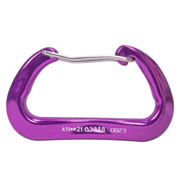 A purple Omega Pacific Lava Wiregate carabiner with the text "kN 21 8.8" and "0823" engraved on it. The carabiner is designed for climbing and outdoor activities, with a lightweight construction and a secure wire gate closure.