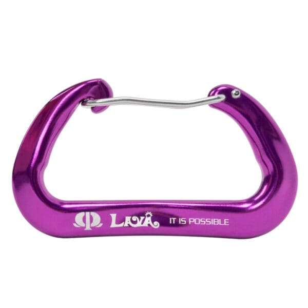 A purple Omega Pacific Lava Wiregate carabiner with a sleek design. The branding includes the name "Lava" and the phrase "It is possible" engraved in white on one side.