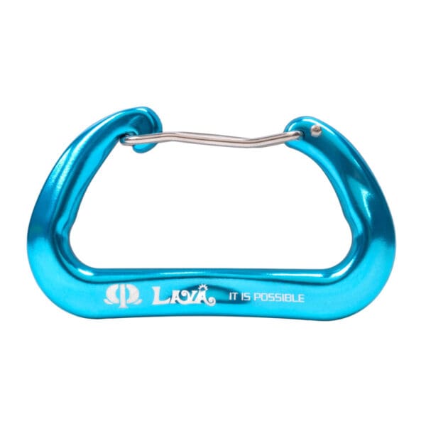 A blue, metal carabiner with a wire gate. The words "Lava" and "It is possible" are printed on the body of the carabiner. The Omega Pacific Lava Wiregate is designed for climbing and other outdoor activities requiring secure attachments.