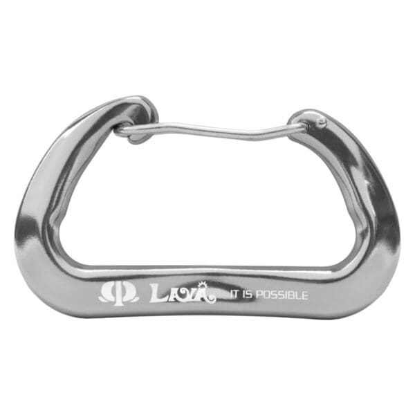 A silver-colored carabiner with a wire gate closure. The Omega Pacific Lava Wiregate is engraved with the text "Lava IT IS POSSIBLE" and has a distinctive, slightly curved shape.