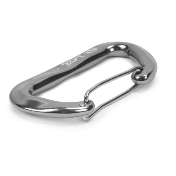 An Omega Pacific Lava Wiregate with a spring-loaded gate is placed against a white background. The shiny metal surface reflects light, and the carabiner's design is simple and functional.