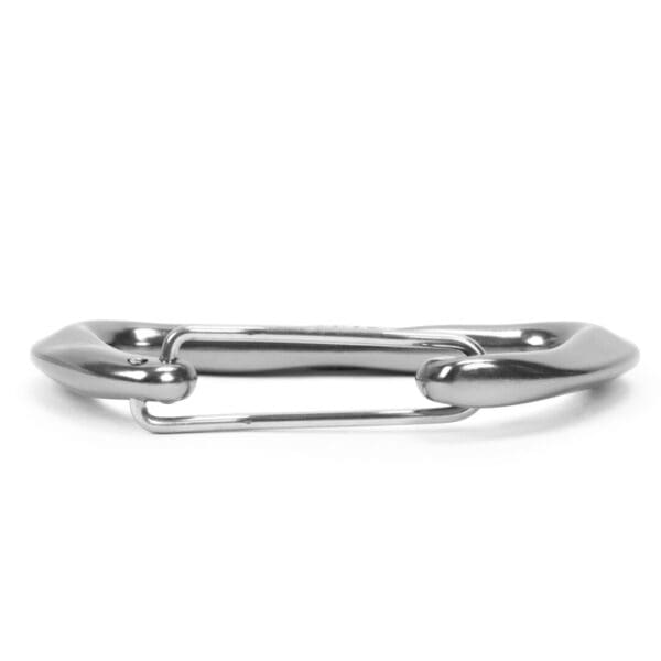 A shiny, silver Omega Pacific Lava Wiregate with a sleek, curved design and no visible brand markings. Made of durable metal, it features a secure spring-loaded gate for attaching objects. The minimalist and smooth finish gives it a modern, streamlined appearance.