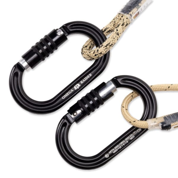 Two black Ape Canyon Outfitters 8mm Resc Tech Lineman Belt with 3 Stage Quick Lock Carabiners are attached to separate, beige climbing ropes. The carabiners have a secure locking mechanism and are marked with safety information. The image showcases the carabiners' strength and reliability for climbing purposes.