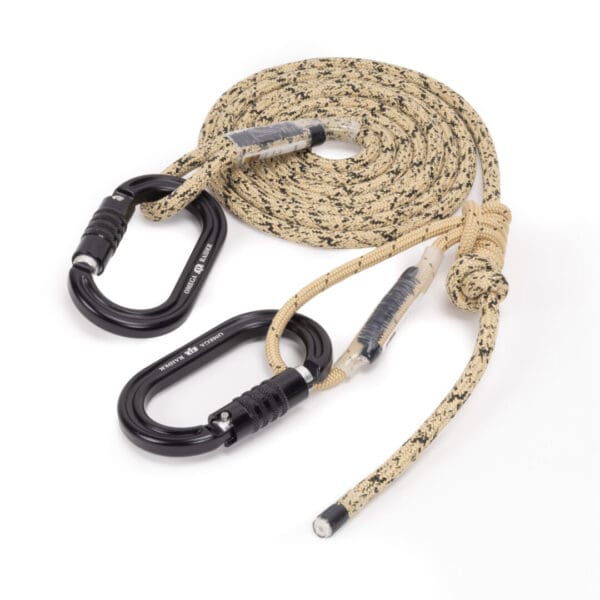 Coiled beige and black speckled rope with two attached black carabiners. Adjustable knots are visible near both ends of the rope, with protective tape wrapped around some areas. The carabiners have locking mechanisms for added security.

Ape Canyon Outfitters 8mm Resc Tech Lineman Belt with 3 Stage Quick Lock Carabiners.
